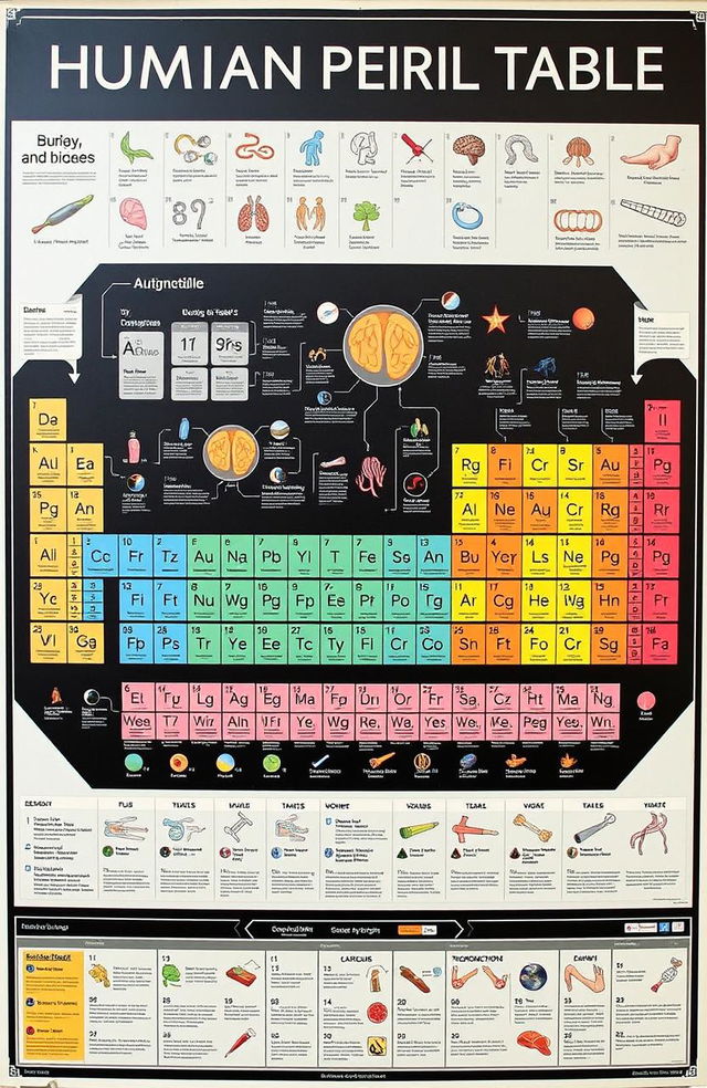 A visually captivating artistic representation of the Human Periodic Table displaying various aspects of human biology and anatomy arranged in a periodic table format