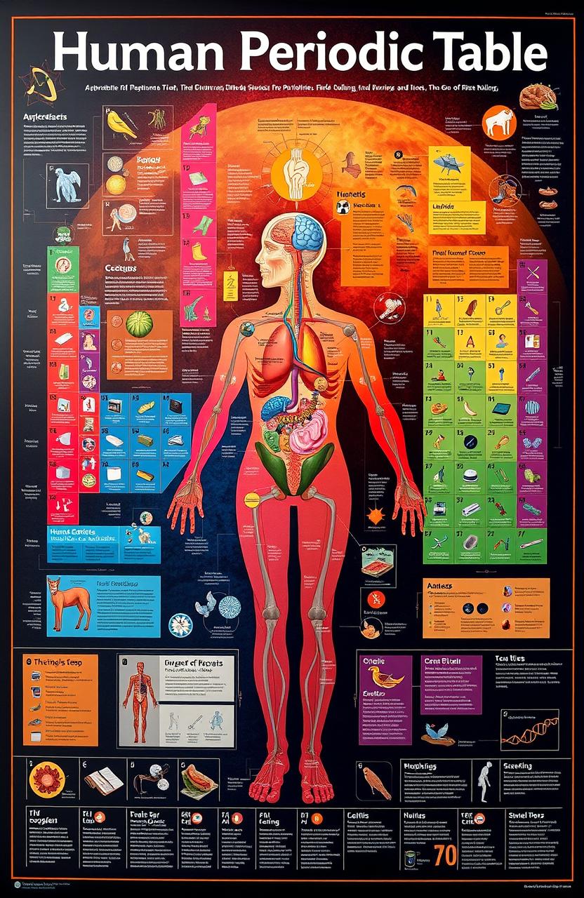 A visually captivating artistic representation of the Human Periodic Table displaying various aspects of human biology and anatomy arranged in a periodic table format