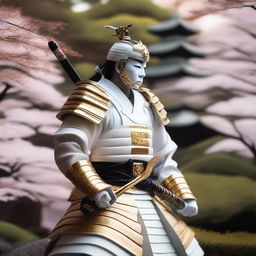 Generate an image of a regal samurai, clad in striking white armor with golden accents