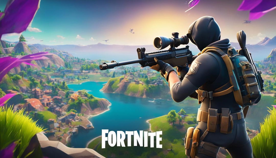 A 32k HD Fortnite YouTube thumbnail featuring a character in tactical gear with a detailed sniper rifle on a high vantage point overlooking the vibrant game landscape