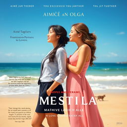 A romantic drama film cover featuring two young women, Aimê and Olga, on a beautiful beach