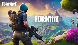 A 32k HD Fortnite YouTube thumbnail featuring a character in tactical gear with a detailed sniper rifle on a high vantage point overlooking the vibrant game landscape