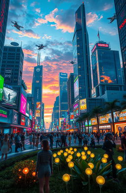 A futuristic cityscape at night, bustling with vibrant neon lights and hovering vehicles
