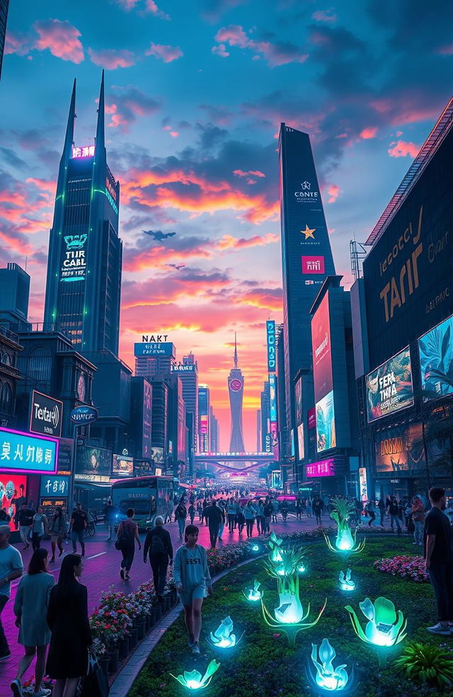 A futuristic cityscape at night, bustling with vibrant neon lights and hovering vehicles