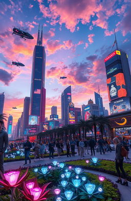 A futuristic cityscape at night, bustling with vibrant neon lights and hovering vehicles
