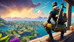 A 32k HD Fortnite YouTube thumbnail featuring a character in tactical gear with a detailed sniper rifle on a high vantage point overlooking the vibrant game landscape