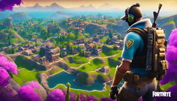 A 32k HD Fortnite YouTube thumbnail featuring a character in tactical gear with a detailed sniper rifle on a high vantage point overlooking the vibrant game landscape