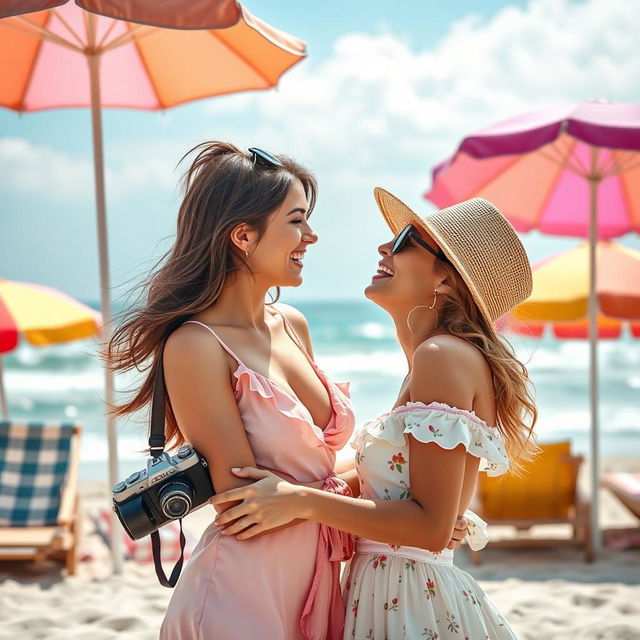 A vibrant movie cover featuring the themes of photography, fashion, and beach romance with two beautiful women sharing an intimate moment