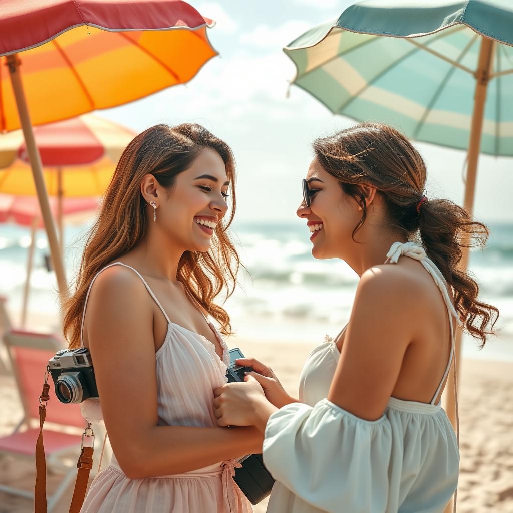 A vibrant movie cover featuring the themes of photography, fashion, and beach romance with two beautiful women sharing an intimate moment