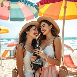A vibrant movie cover featuring the themes of photography, fashion, and beach romance with two beautiful women sharing an intimate moment