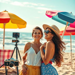 A vibrant movie cover featuring the themes of photography, fashion, and beach romance with two beautiful women sharing an intimate moment