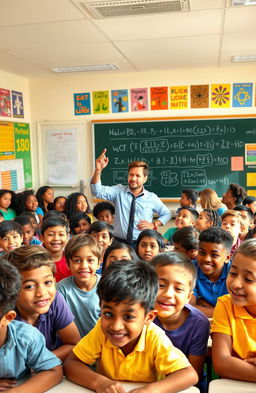 A vibrant, lively classroom filled with a diverse group of students of various ethnicities and ages, all eagerly engaged in a dynamic learning environment