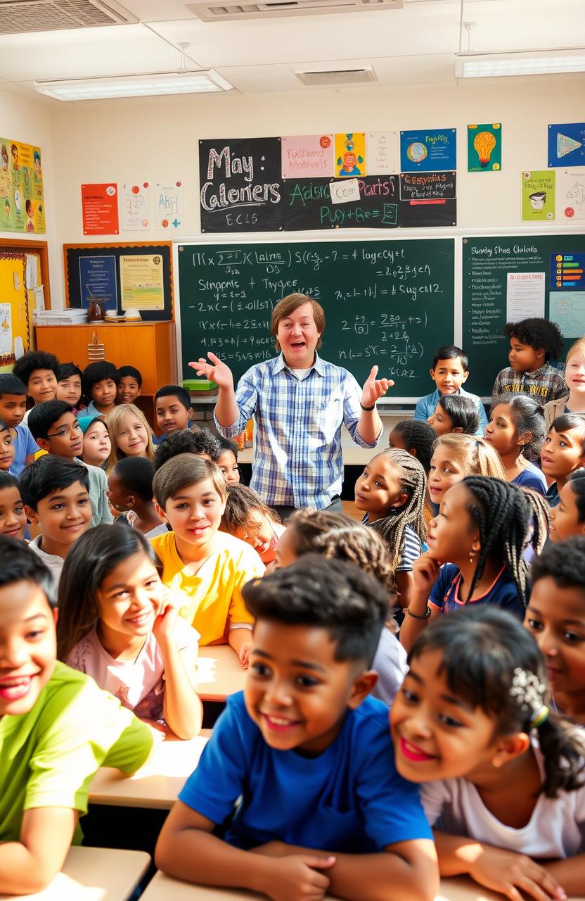 A vibrant, lively classroom filled with a diverse group of students of various ethnicities and ages, all eagerly engaged in a dynamic learning environment