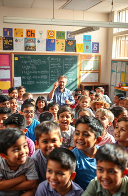 A vibrant, lively classroom filled with a diverse group of students of various ethnicities and ages, all eagerly engaged in a dynamic learning environment