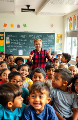 A vibrant, lively classroom filled with a diverse group of students of various ethnicities and ages, all eagerly engaged in a dynamic learning environment