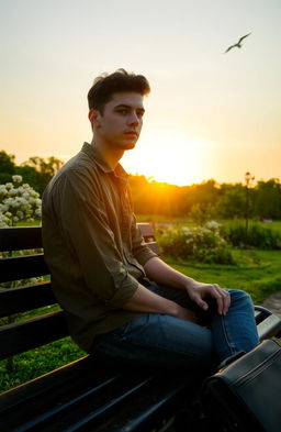 A person sitting on a park bench, looking pensive and contemplative