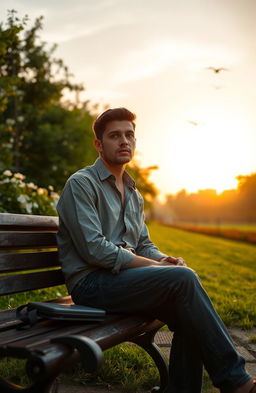 A person sitting on a park bench, looking pensive and contemplative