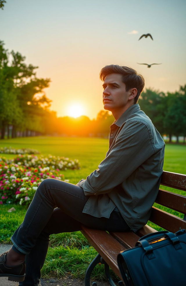 A person sitting on a park bench, looking pensive and contemplative