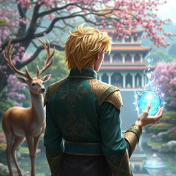 A fantastical prince with dazzling blonde hair, viewed from behind, positioned at the center of the image