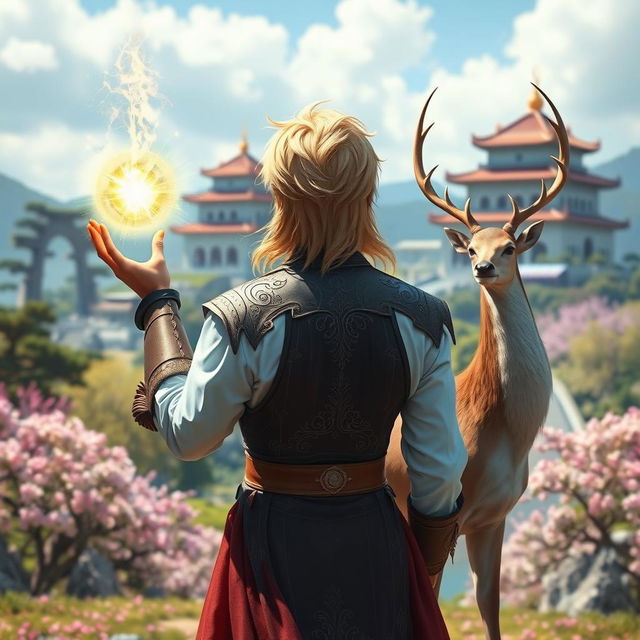 A fantastical prince with dazzling blonde hair, viewed from behind, positioned at the center of the image