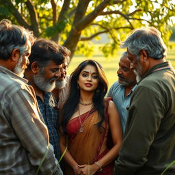 A sultry young Indian woman in an intimate moment surrounded by several older men in a rustic, romantic atmosphere