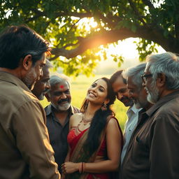 A sultry young Indian woman in an intimate moment surrounded by several older men in a rustic, romantic atmosphere