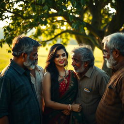 A sultry young Indian woman in an intimate moment surrounded by several older men in a rustic, romantic atmosphere