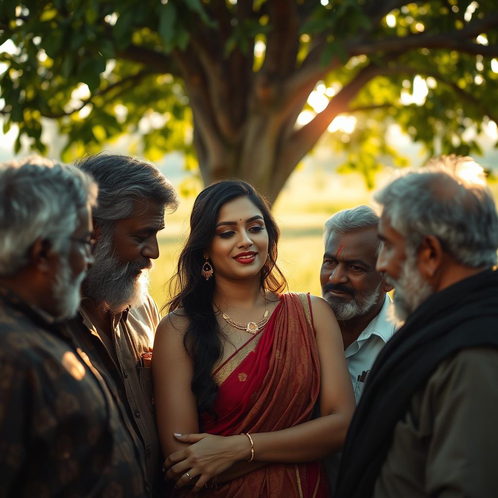 A sultry young Indian woman in an intimate moment surrounded by several older men in a rustic, romantic atmosphere