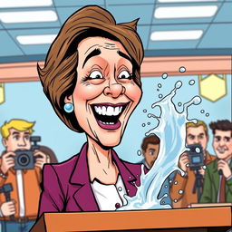 A satirical cartoon depicting a fictional female politician, inspired by contemporary figures, reacting in surprise and laughter to an exaggerated and humorous scenario involving a splash of water