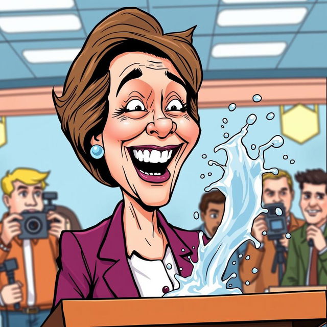 A satirical cartoon depicting a fictional female politician, inspired by contemporary figures, reacting in surprise and laughter to an exaggerated and humorous scenario involving a splash of water