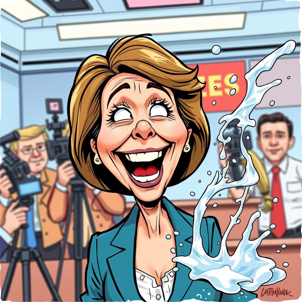 A satirical cartoon depicting a fictional female politician, inspired by contemporary figures, reacting in surprise and laughter to an exaggerated and humorous scenario involving a splash of water