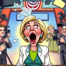 A satirical cartoon depicting a fictional female politician, inspired by contemporary figures, reacting in surprise and laughter to an exaggerated and humorous scenario involving a splash of water