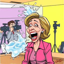 A satirical cartoon depicting a fictional female politician, inspired by contemporary figures, reacting in surprise and laughter to an exaggerated and humorous scenario involving a splash of water