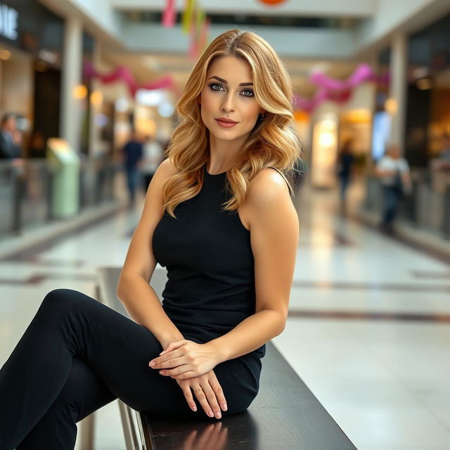 A poised woman seated on a bench in an indoor mall, positioned at a three-quarter angle to the camera