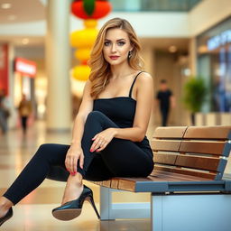 A poised woman seated on a bench in an indoor mall, positioned at a three-quarter angle to the camera
