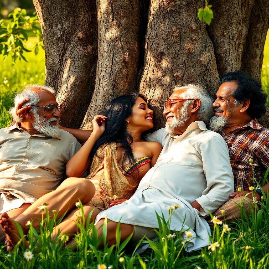 A sultry Indian woman with exotic features and seductive charm, engaging with several older village men