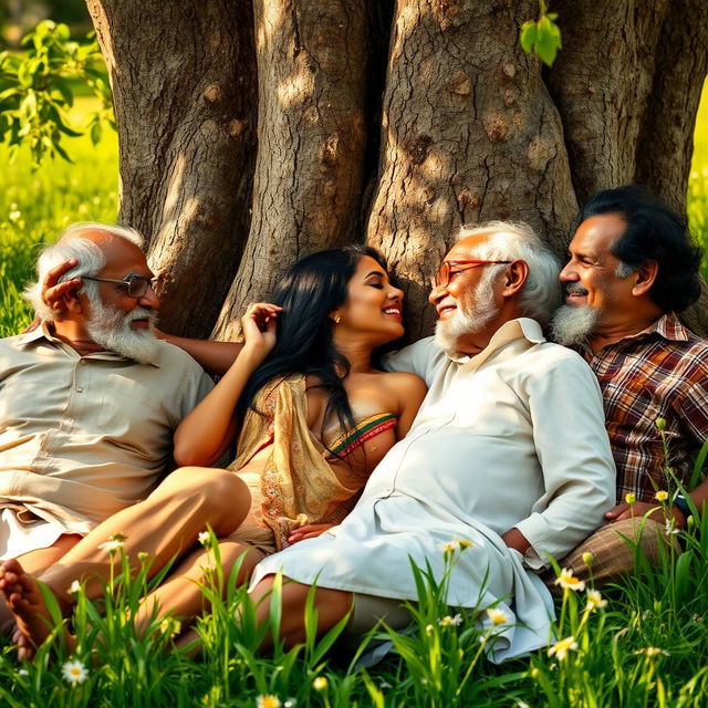 A sultry Indian woman with exotic features and seductive charm, engaging with several older village men