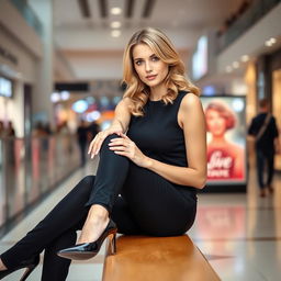 A poised woman seated on a bench in an indoor mall, positioned at a three-quarter angle to the camera with her right leg crossed over her left