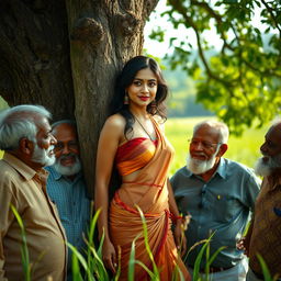 A sultry and cute Indian woman in a lush field, leaning against a majestic tree, surrounded by several elderly men