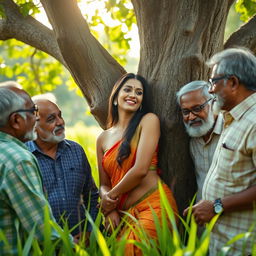 A sultry and cute Indian woman in a lush field, leaning against a majestic tree, surrounded by several elderly men