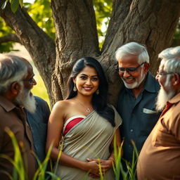A sultry and cute Indian woman in a lush field, leaning against a majestic tree, surrounded by several elderly men
