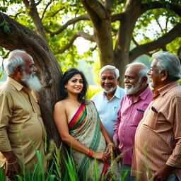 A sultry and cute Indian woman in a lush field, leaning against a majestic tree, surrounded by several elderly men