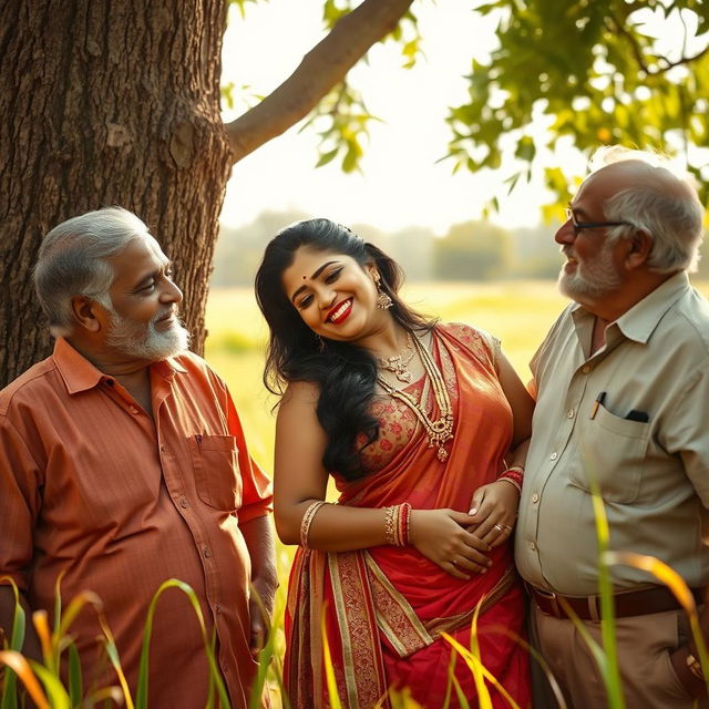 A sultry Indian woman, embodying allure and confidence, is positioned in a sunlit field, leaning gracefully against a large tree