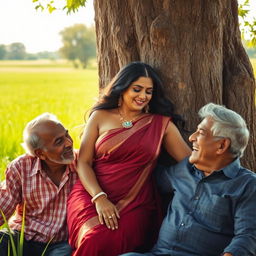A sultry Indian woman, embodying allure and confidence, is positioned in a sunlit field, leaning gracefully against a large tree