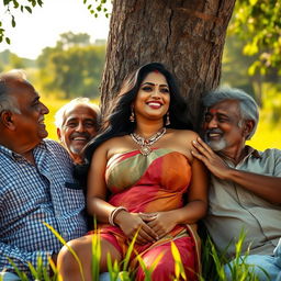 A sultry Indian woman, embodying allure and confidence, is positioned in a sunlit field, leaning gracefully against a large tree