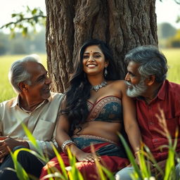 A sultry Indian woman, embodying allure and confidence, is positioned in a sunlit field, leaning gracefully against a large tree