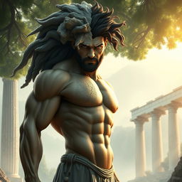 A Greek mythological figure, depicted as a muscular man with an imposing presence, standing majestically in a soft ethereal glow
