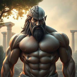 A Greek mythological figure, depicted as a muscular man with an imposing presence, standing majestically in a soft ethereal glow