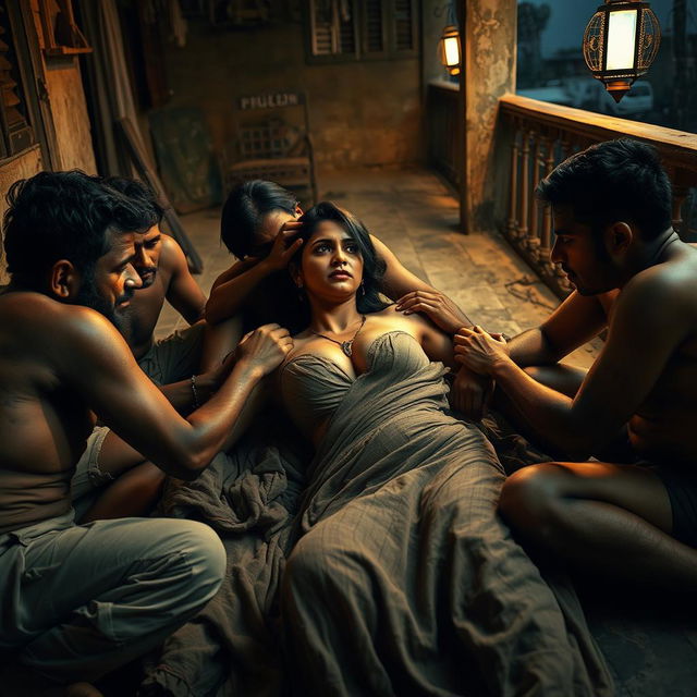 A sultry Indian woman, embodying the essence of sensuality, is surrounded by multiple impoverished men on a dimly lit terrace