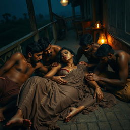 A sultry Indian woman, embodying the essence of sensuality, is surrounded by multiple impoverished men on a dimly lit terrace